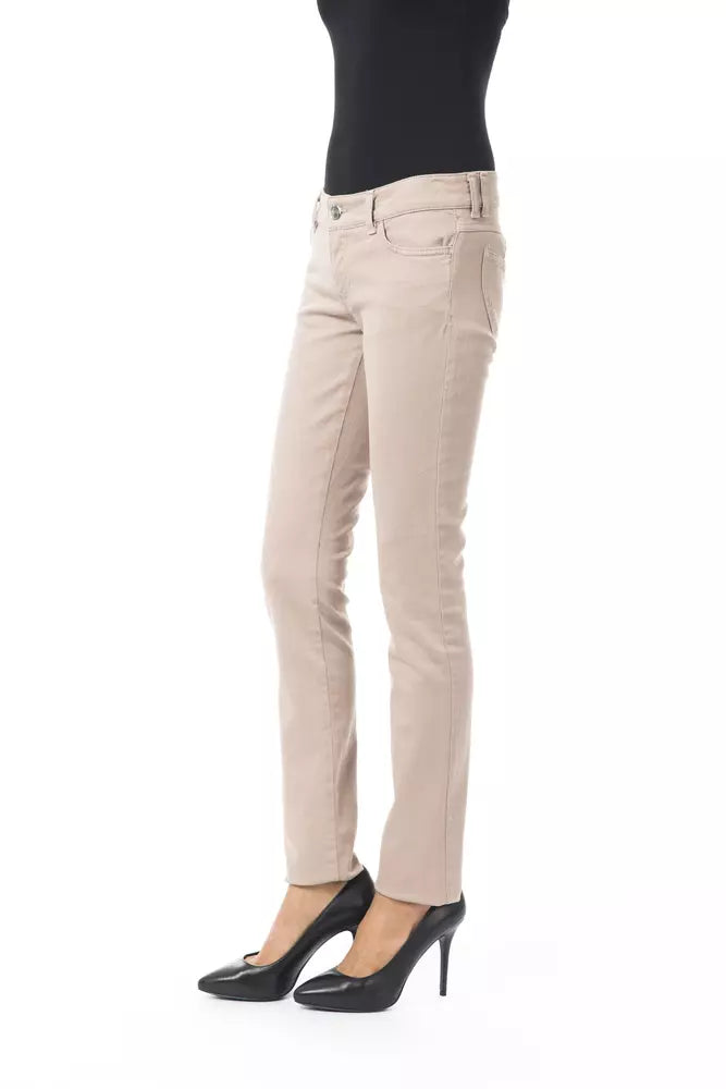 Beige Cotton Women Pant with Back Pocket Chain