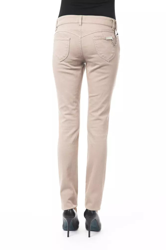 Beige Cotton Women Pant with Back Pocket Chain